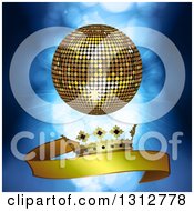 Poster, Art Print Of 3d Gold Disco Ball Over A Gold Crown And Ribbon Banner Over Blue Lights And Flares