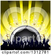 Poster, Art Print Of 3d Music Speaker With Stars Yellow Rays And Silhouetted Hands From A Dancing Crowd