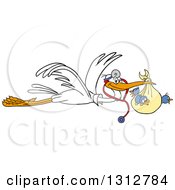 Poster, Art Print Of Cartoon White Stork Pediatric Doctor Wearing A Stethoscope And Flying Baby Birds In A Bundle