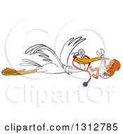 Cartoon White Stork Bird Pediatric Doctor Wearing A Stethoscope And Flying A Black Baby Boy In A Bundle