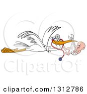 Poster, Art Print Of Cartoon White Stork Bird Pediatric Doctor Wearing A Stethoscope And Flying A White Baby Boy In A Bundle