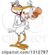 Poster, Art Print Of Cartoon White Stork Bird Pediatric Doctor Holding A Stethoscope And Black Baby Boy In A Bundle