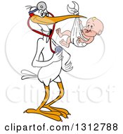 Poster, Art Print Of Cartoon White Stork Bird Pediatric Doctor Holding A Stethoscope And White Baby Boy In A Bundle