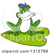 Cartoon French Frog Sitting On A Lily Pad