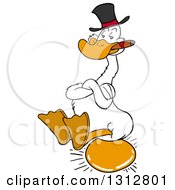 Poster, Art Print Of Cartoon White Goose Wearing A Top Hat Smoking A Cigar And Sitting On A Golden Egg