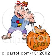 Poster, Art Print Of Cartoon Happy White Boy In A Pirate Costume Carving A Halloween Pumpkin
