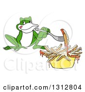 Poster, Art Print Of Cartoon Hungry Frog Eating Poutine French Fries And Gravy