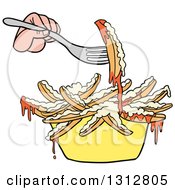 Cartoon Caucasian Hand Using A Fork To Eat Poutine French Fries And Gravy