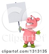 Clipart Of A 3d Happy Gardener Pig Holding And Looking Up At A Blank Sign Royalty Free Illustration