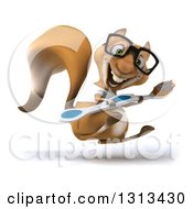 3d Casual Bespectacled Squirrel Wearing A White T Shirt Facing Right Hopping And Holding A Giant Toothbrush