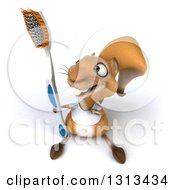 3d Casual Squirrel Wearing A White T Shirt Looking Up Pointing To And Holding A Giant Toothbrush