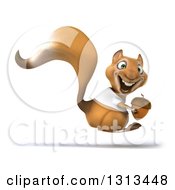 3d Casual Squirrel Wearing A White T Shirt Hopping To The Right Smiling And Holding An Acorn