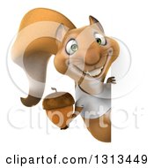 3d Casual Squirrel Wearing A White T Shirt And Holding An Acorn Around A Sign