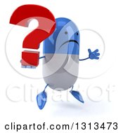 Clipart Of A 3d Unhappy Blue And White Pill Character Facing Slightly Right Jumping And Holding A Question Mark Royalty Free Illustration