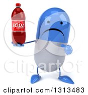 Clipart Of A 3d Unhappy Blue And White Pill Character Holding And Pointing To A Soda Bottle Royalty Free Illustration