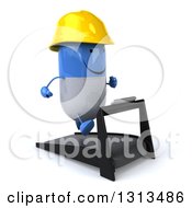 Clipart Of A 3d Happy Blue And White Pill Contractor Character Facing Slightly Right And Running On A Treadmill 2 Royalty Free Illustration