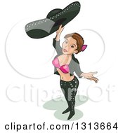 Poster, Art Print Of Cartoon Sexy Female Mariachi Looking Up Presenting And Holding A Hat