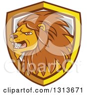 Poster, Art Print Of Cartoon Angry Male Lion In A Yellow White And Gray Shield