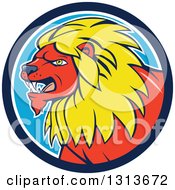 Poster, Art Print Of Cartoon Red Male Lion With A Yellow Mane In A Blue And White Circle