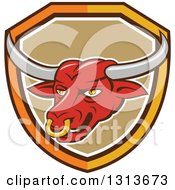 Poster, Art Print Of Cartoon Red Texas Longhorn Bull Mascot Head In A Yellow White And Tan Shield