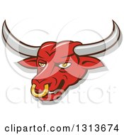 Cartoon Red Texas Longhorn Bull Mascot Head And Gray Outline