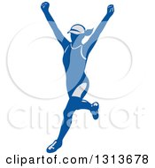 Poster, Art Print Of Retro Cheering Female Marathon Runner In Gray And Blue