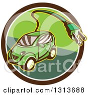 Poster, Art Print Of Retro Cartoon Hybrid Electric Car With A Plug In A Brown And Green Circle