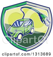Poster, Art Print Of Retro Cartoon Hybrid Electric Car With A Plug In A Gray And Green Shield