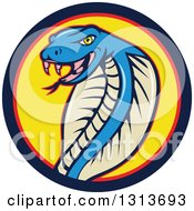 Poster, Art Print Of Cartoon Blue Cobra Snake In A Blue Red And Yellow Circle