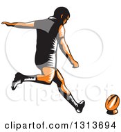 Retro Woodcut Male Rugby Player Kicking
