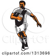 Retro Woodcut Male Rugby Player Running 2