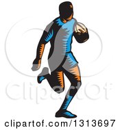 Retro Woodcut Male Rugby Player Running