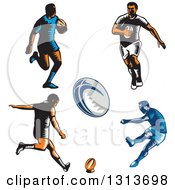 Clipart Of Retro Woodcut Male Rugby Players Royalty Free Vector Illustration