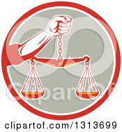 Clipart Of A Retro Hand Holding Scales Of Justice In A Red White And Taupe Circle Royalty Free Vector Illustration