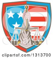 Poster, Art Print Of Retro Hand Holding Up Scales Of Justice In A Shield Of American Stars And Stripes