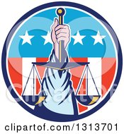 Poster, Art Print Of Retro Hand Holding Up Scales Of Justice In A Circle Of American Stars And Stripes