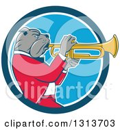 Poster, Art Print Of Cartoon Bulldog Musician Facing Right And Playing A Trumpet In A Blue And White Circle