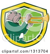 Poster, Art Print Of Cartoon Bulldog Musician Facing Right And Playing A Trumpet In A Yellow Green And White Shield