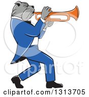 Poster, Art Print Of Cartoon Bulldog Musician Facing Right And Playing A Trumpet