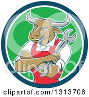 Cartoon Bull Man Mechanic Mascot With Folded Arms Holding A Wrench In A Blue White And Green Circle