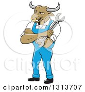 Cartoon Bull Man Mechanic Mascot With Folded Arms Holding A Wrench