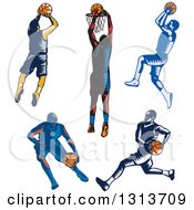 Poster, Art Print Of Retro Woodcut Male Basketball Players Dribbling Running And Shooting