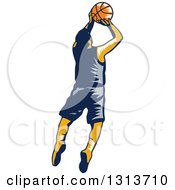 Clipart Of A Retro Woodcut Male Basketball Player Shooting And Jumping Royalty Free Vector Illustration