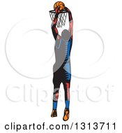 Clipart Of A Retro Woodcut Male Basketball Player Slam Dunking Royalty Free Vector Illustration