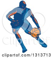 Poster, Art Print Of Retro Woodcut Male Basketball Player Dribbling