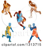 Poster, Art Print Of Retro Male Basketball Players Dribbling And Passing