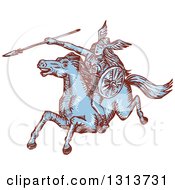 Poster, Art Print Of Brown And Blue Sketched Amazon Valkyrie Wielding A Spear On A Leaping Horse