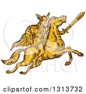 Poster, Art Print Of Brown And Yellow Sketched Amazon Valkyrie Wielding A Sword On A Leaping Horse