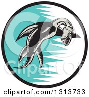 Poster, Art Print Of Retro Woodcut Pliosaur Dinosaur Swimming In A Black White And Turquoise Circle