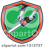 Poster, Art Print Of Retro Mans Hands Holding A Chainsaw In A Navy Blue White Orange And Green Shield